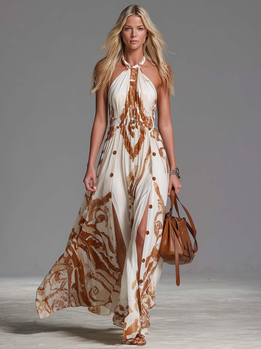 Women's Lightweight Chiffon Maxi Dress | Vintage Bohemian Halter Neck with Western Print 3
