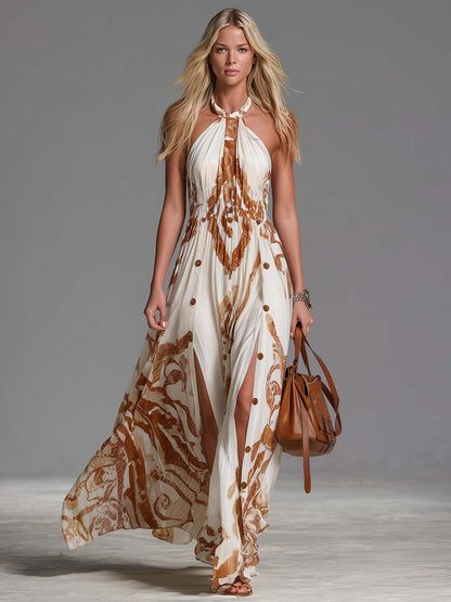 Women's Lightweight Chiffon Maxi Dress | Vintage Bohemian Halter Neck with Western Print 3