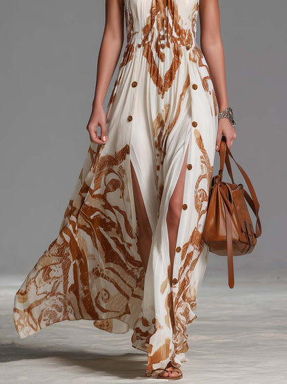 Women's Lightweight Chiffon Maxi Dress | Vintage Bohemian Halter Neck with Western Print 4