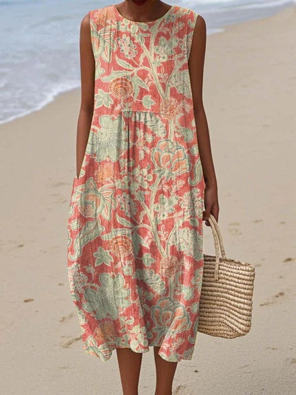 Women's Lightweight Cotton-Linen Midi Dress | Vintage Floral Print Relaxed Summer Dress 0