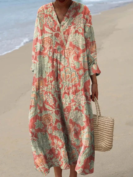 Women's Lightweight Cotton-Linen Midi Dress | Vintage Floral Print Relaxed Summer Dress 1