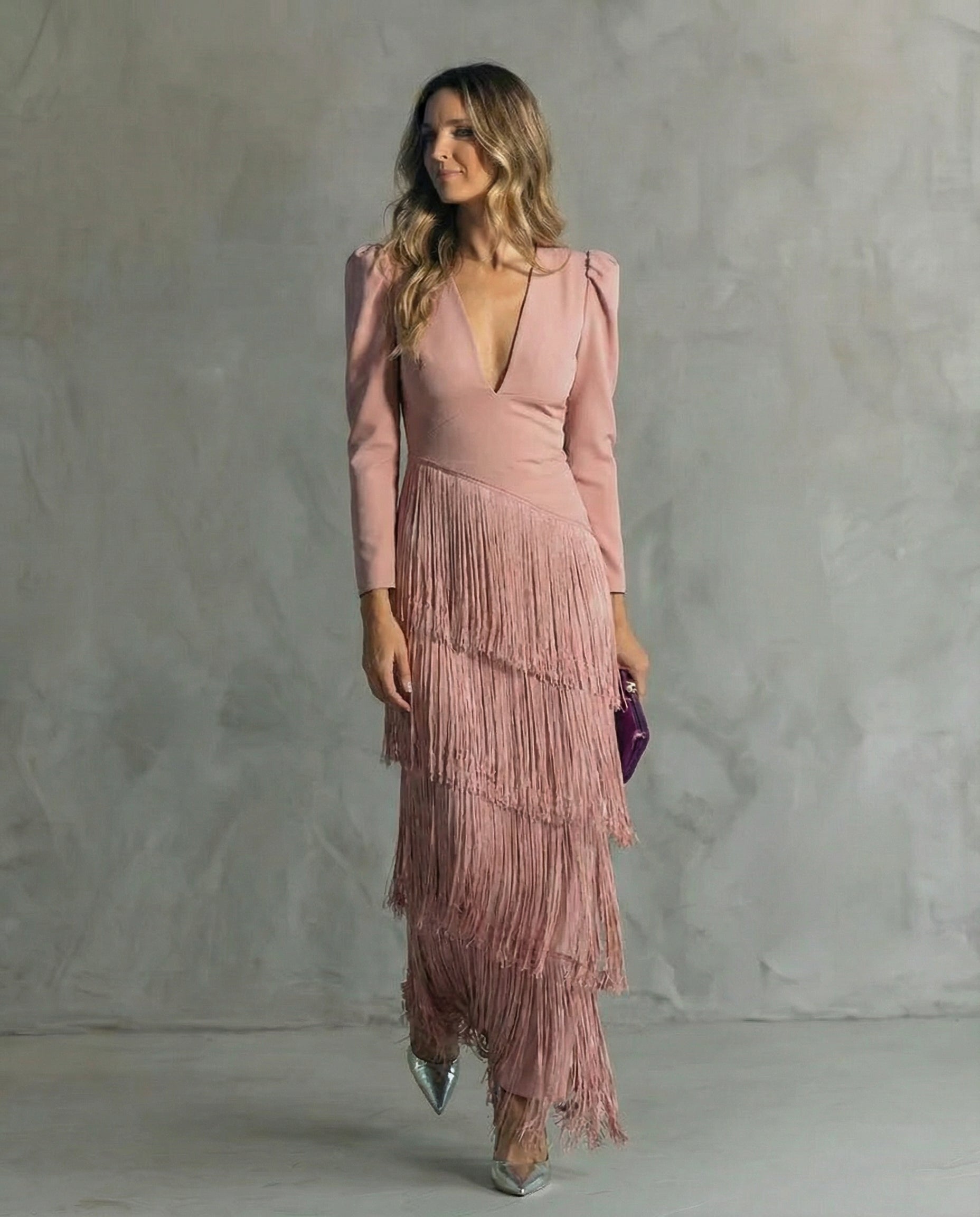 Women's Lightweight Midi Dress | Elegant Fringe Sleeve Evening Gown 2