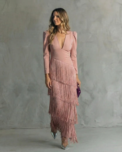 Women's Lightweight Midi Dress | Elegant Fringe Sleeve Evening Gown 2