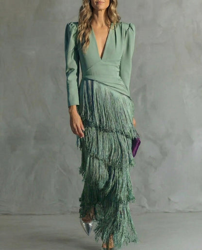 Women's Lightweight Midi Dress | Elegant Fringe Sleeve Evening Gown 4
