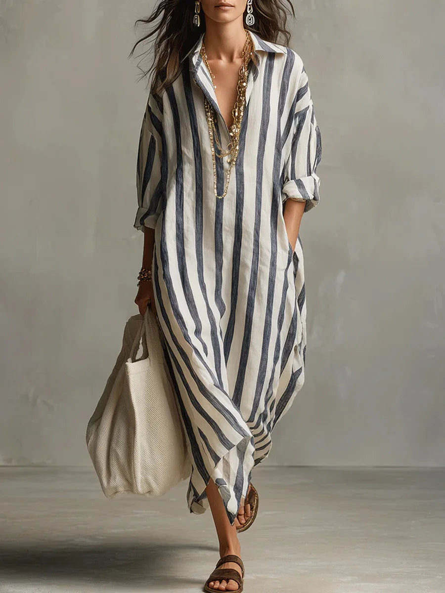 Women's Lightweight Striped Linen Blend Shirt Dress | Relaxed Fit Casual Summer Dress 0