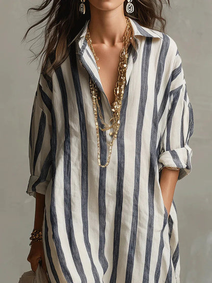 Women's Lightweight Striped Linen Blend Shirt Dress | Relaxed Fit Casual Summer Dress 2