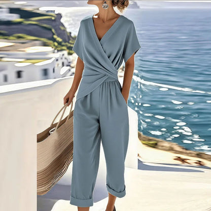 Women's Lightweight Two-Piece Set | Elegant Wrap-Front Top and Cropped Pants for Summer 1