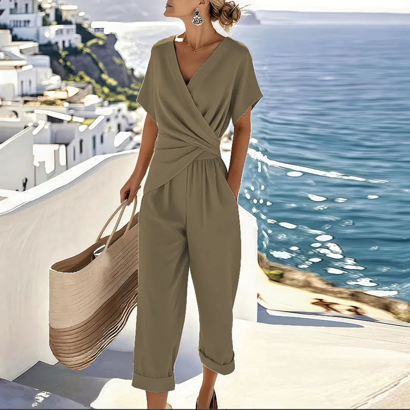 Women's Lightweight Two-Piece Set | Elegant Wrap-Front Top and Cropped Pants for Summer 2