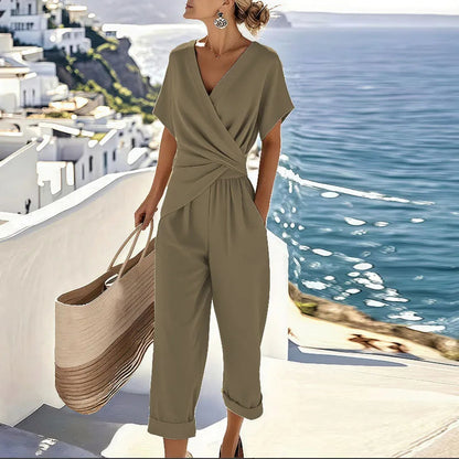 Women's Lightweight Two-Piece Set | Elegant Wrap-Front Top and Cropped Pants for Summer 2
