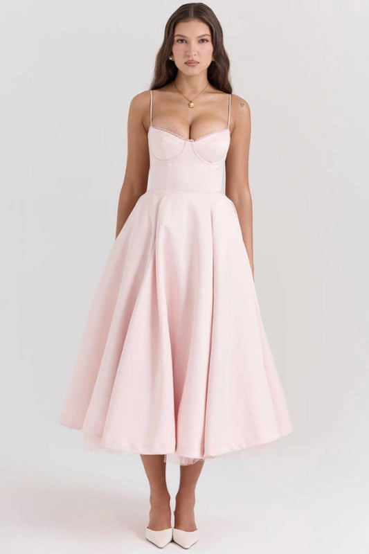 Women's Luxurious Satin Midi Dress | Elegant Corset Design with Flowing Tulle Skirt 0