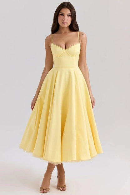 Women's Luxurious Satin Midi Dress | Elegant Corset Design with Flowing Tulle Skirt 10