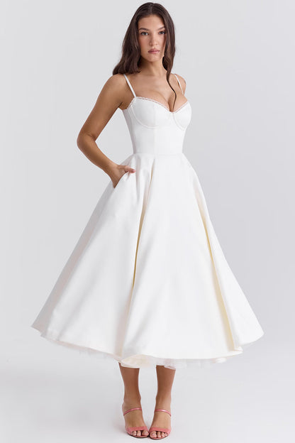 Women's Luxurious Satin Midi Dress | Elegant Corset Design with Flowing Tulle Skirt 11