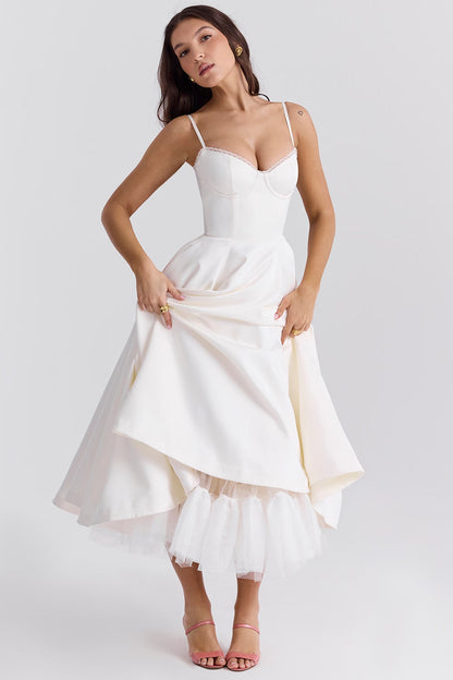 Women's Luxurious Satin Midi Dress | Elegant Corset Design with Flowing Tulle Skirt 3