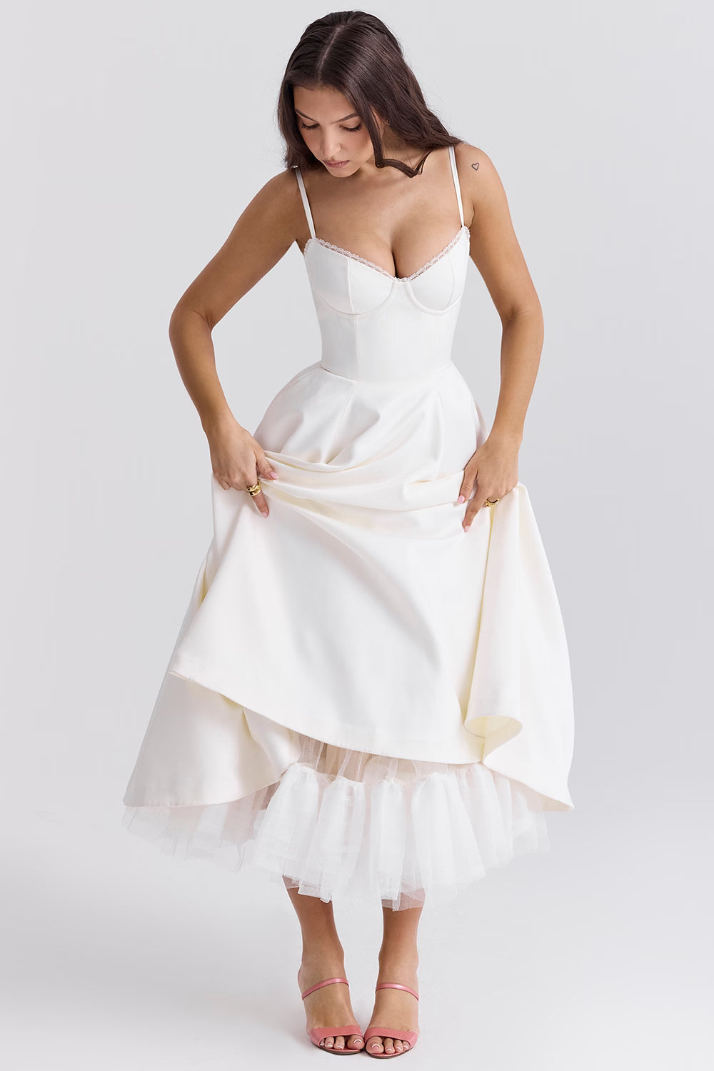 Women's Luxurious Satin Midi Dress | Elegant Corset Design with Flowing Tulle Skirt 6