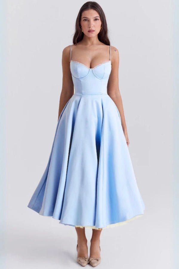 Women's Luxurious Satin Midi Dress | Elegant Corset Design with Flowing Tulle Skirt 8