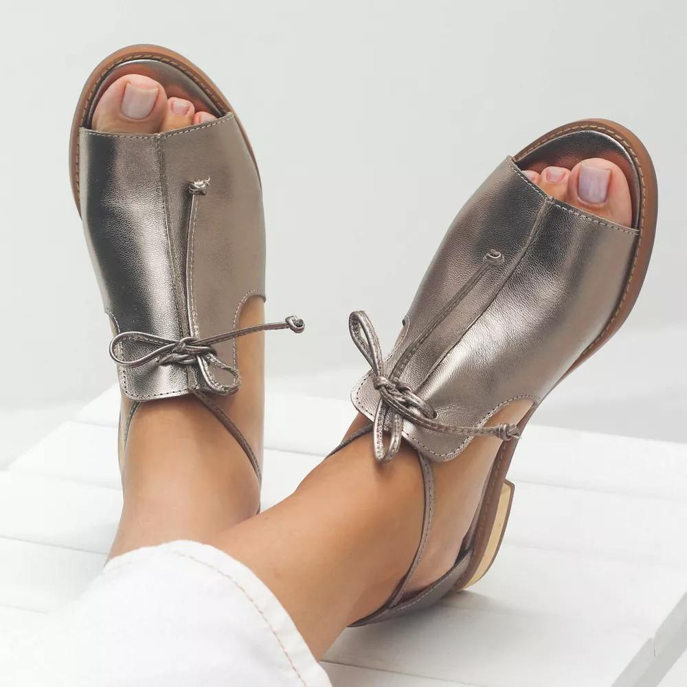 Women's Metallic Pewter Open Toe Sandals | Elegant Bow Tie Strap Spring Shoes 0