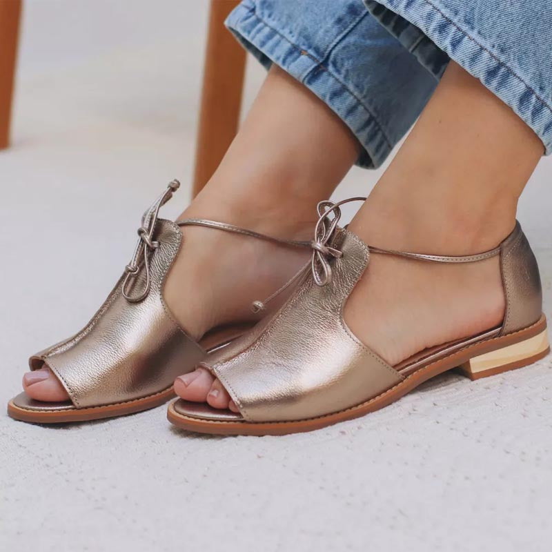 Women's Metallic Pewter Open Toe Sandals | Elegant Bow Tie Strap Spring Shoes 1