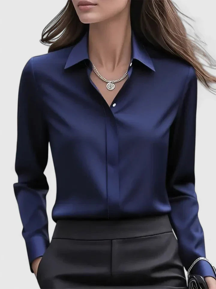 Women's Navy Satin Blouse | Elegant Button-Down Office Shirt 0