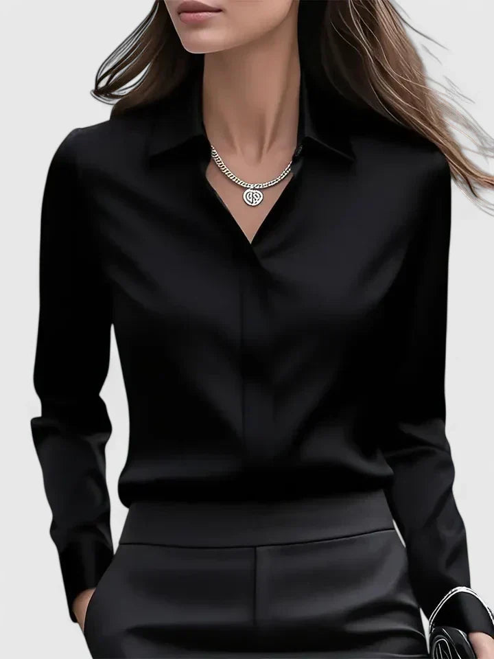Women's Navy Satin Blouse | Elegant Button-Down Office Shirt 2