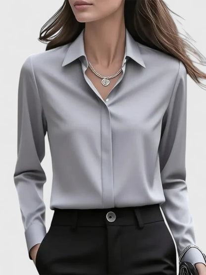 Women's Navy Satin Blouse | Elegant Button-Down Office Shirt 3