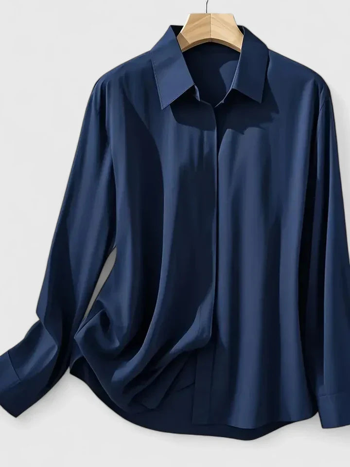 Women's Navy Satin Blouse | Elegant Button-Down Office Shirt 7