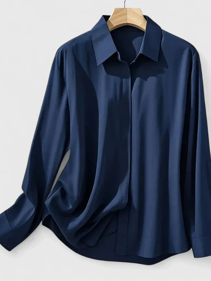 Women's Navy Satin Blouse | Elegant Button-Down Office Shirt 7