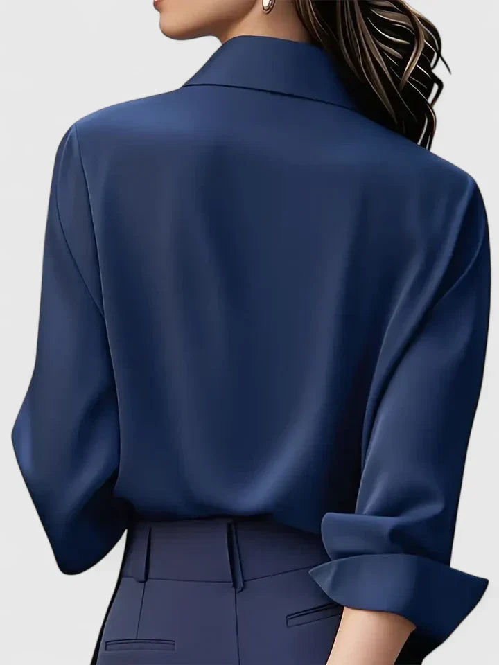 Women's Navy Satin Blouse | Elegant Button-Down Office Shirt 8