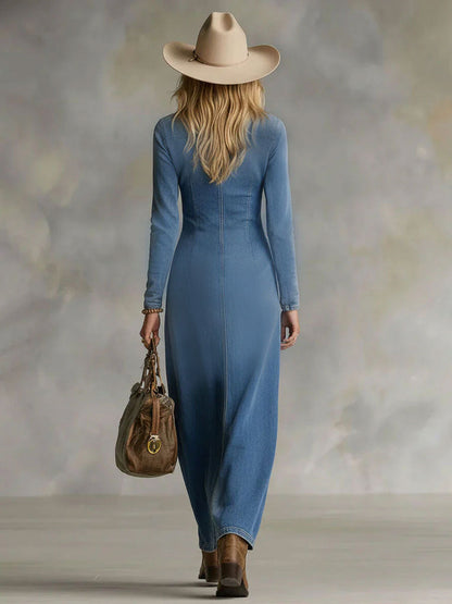 Women's Premium Denim Maxi Dress | Elegant V-Neck Long-Sleeve Casual Dress 4
