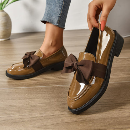 Women's Premium Glossy Leather Platform Loafers | Elegant Slip-On Shoes with Bow Accent 0