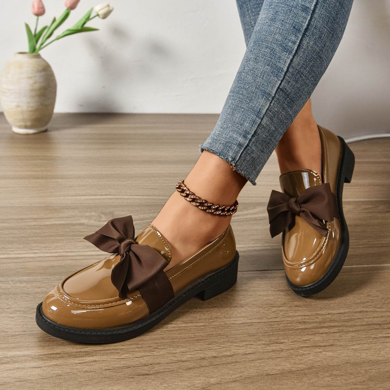 Women's Premium Glossy Leather Platform Loafers | Elegant Slip-On Shoes with Bow Accent 1