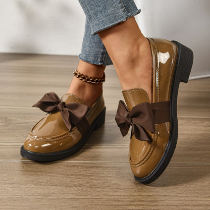 Women's Premium Glossy Leather Platform Loafers | Elegant Slip-On Shoes with Bow Accent 3