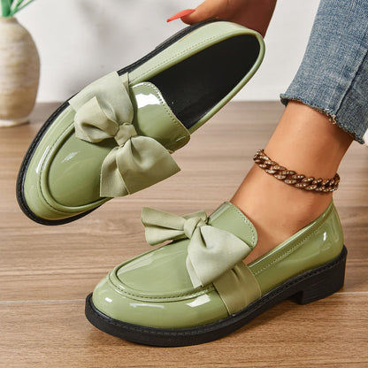 Women's Premium Glossy Leather Platform Loafers | Elegant Slip-On Shoes with Bow Accent 4