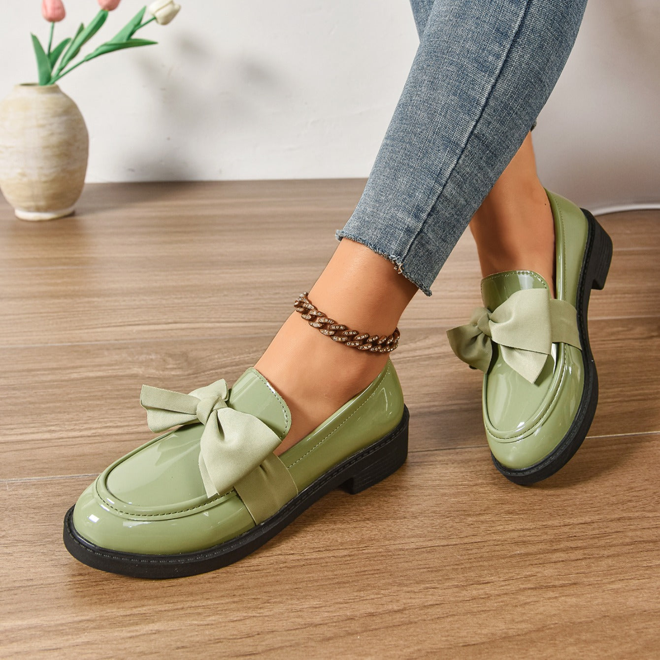 Women's Premium Glossy Leather Platform Loafers | Elegant Slip-On Shoes with Bow Accent 5
