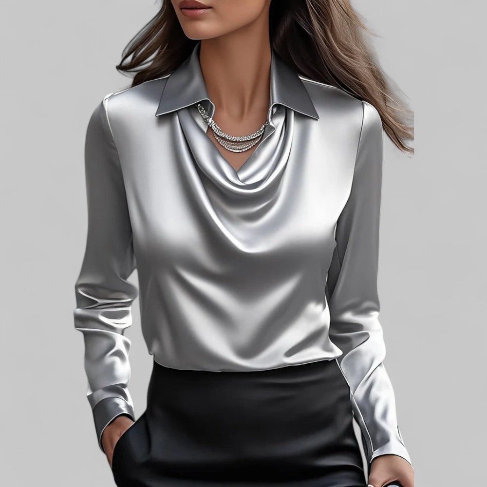 Women's Satin Long Sleeve Blouse | Elegant Draped Neck Chic Top 1