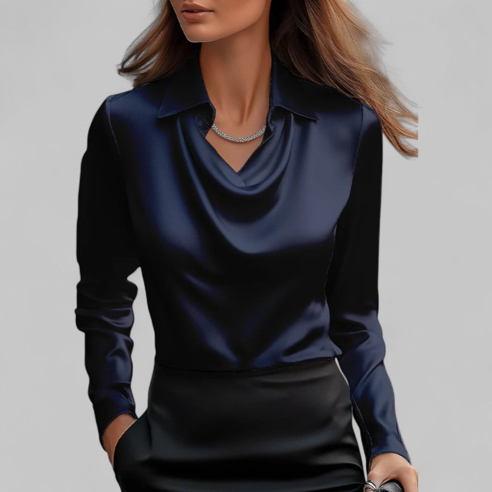 Women's Satin Long Sleeve Blouse | Elegant Draped Neck Chic Top 7