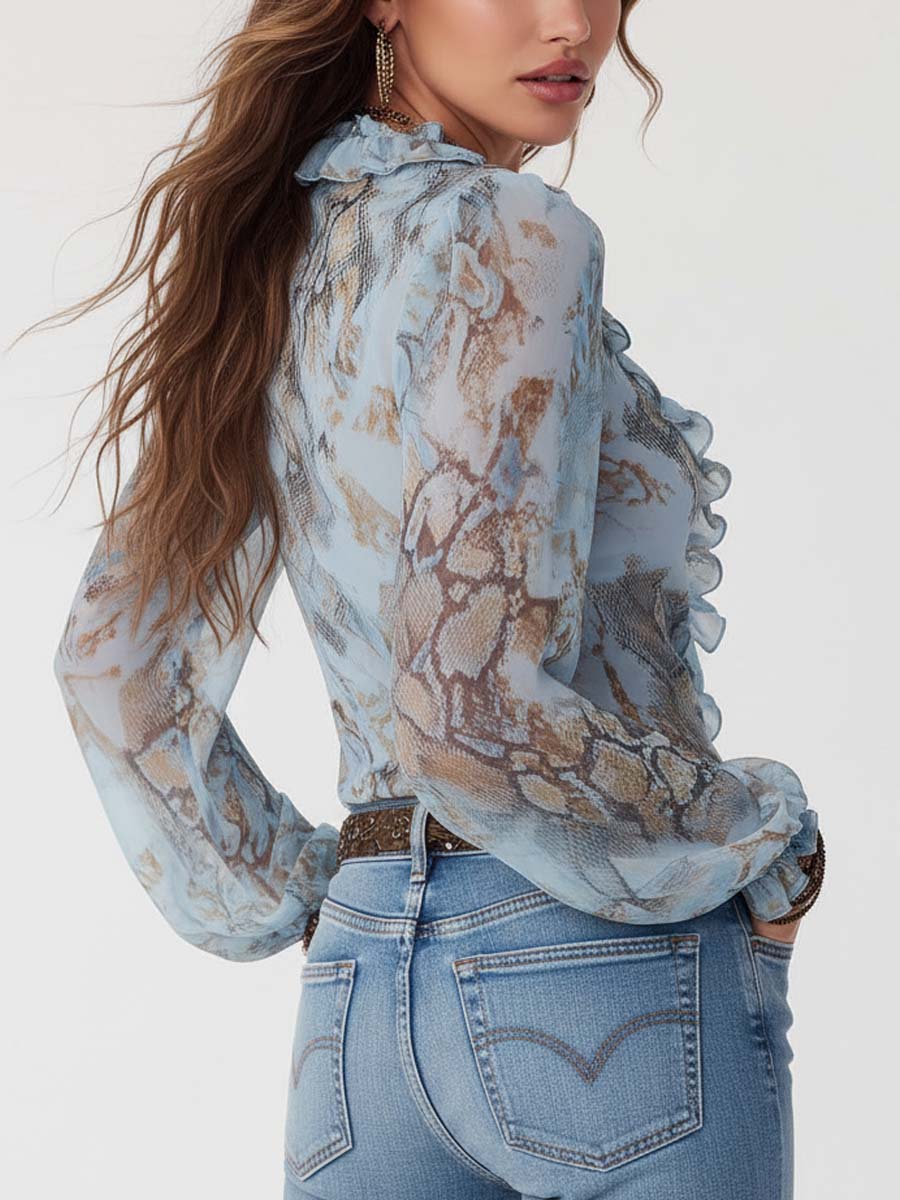 Women's Sheer Chiffon Blouse | Elegant Ruffled V-Neck Summer Top with Puff Sleeves 1