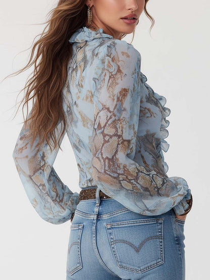 Women's Sheer Chiffon Blouse | Elegant Ruffled V-Neck Summer Top with Puff Sleeves 1
