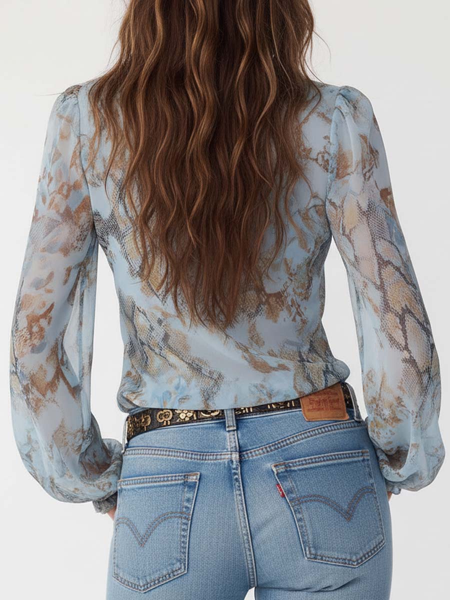 Women's Sheer Chiffon Blouse | Elegant Ruffled V-Neck Summer Top with Puff Sleeves 3