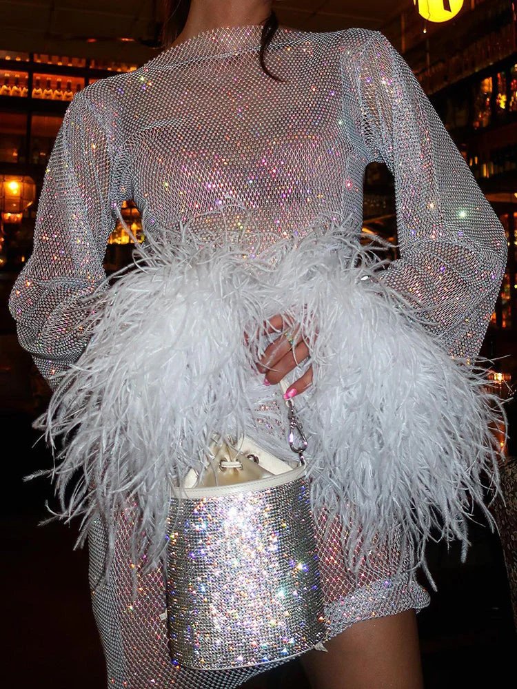 Women's Shimmering Fabric Mini Dress | Elegant Long Sleeve Cocktail Dress with Feather Cuffs 1