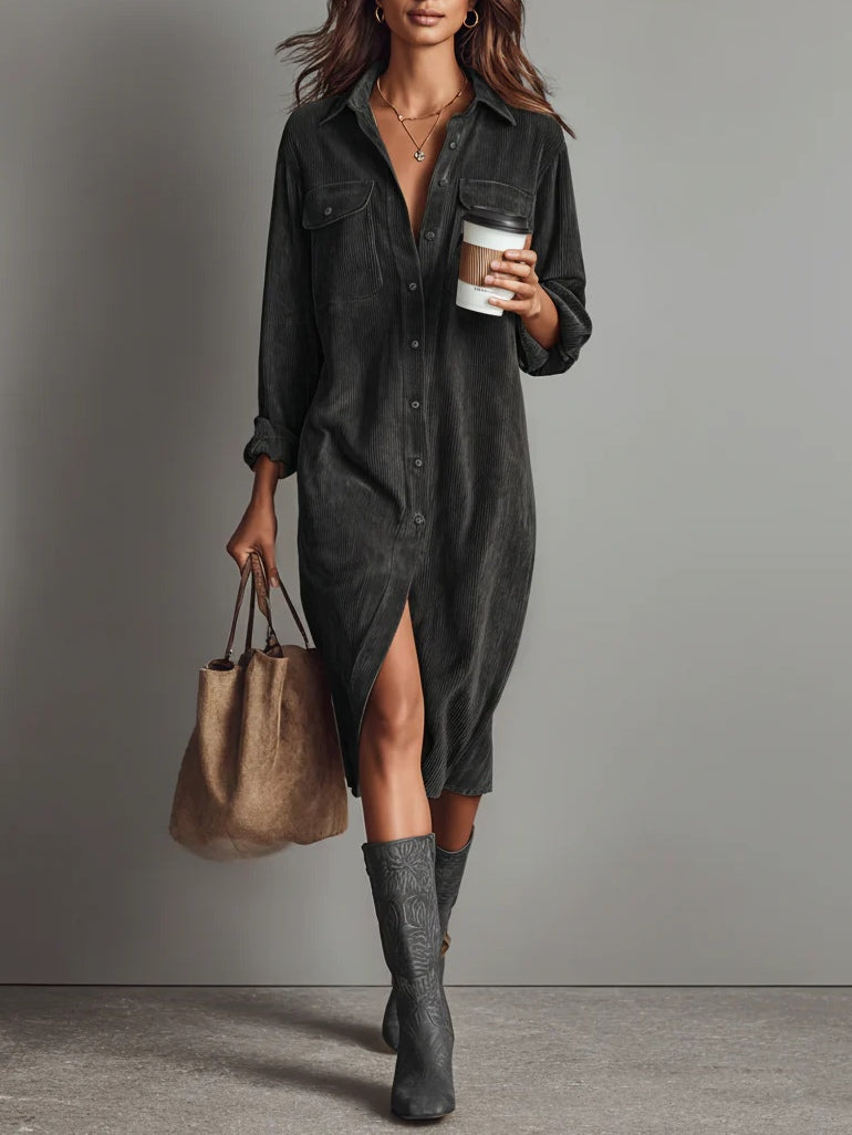 Women's Soft Corduroy Midi Dress | Relaxed Fit with Double Chest Pockets 10