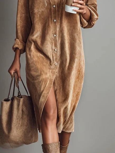 Women's Soft Corduroy Midi Dress | Relaxed Fit with Double Chest Pockets 2