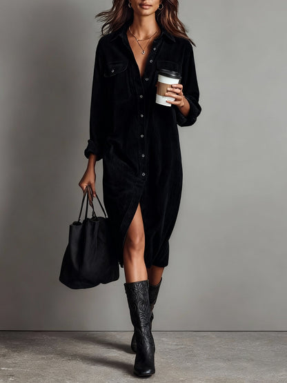 Women's Soft Corduroy Midi Dress | Relaxed Fit with Double Chest Pockets 3
