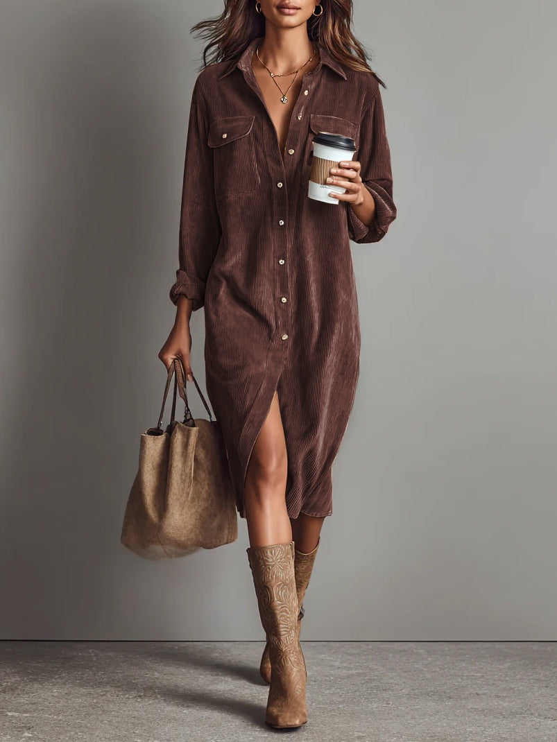Women's Soft Corduroy Midi Dress | Relaxed Fit with Double Chest Pockets 9