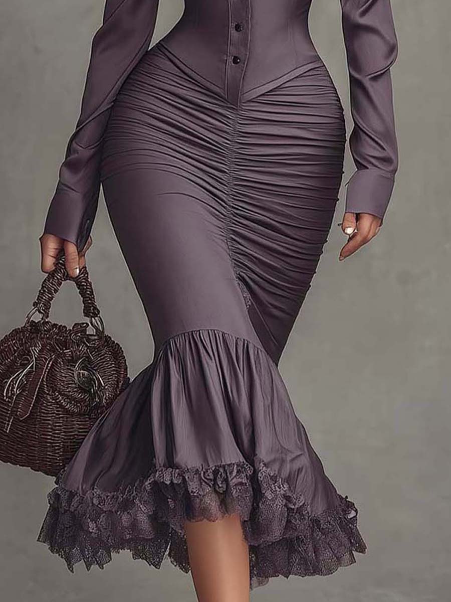 Women's Soft Draping Lace-Trim Midi Dress | Elegant Ruched Mermaid Style Summer Dress 6