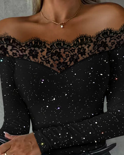 Women's Soft Sequin Off-The-Shoulder Blouse | Elegant Long Sleeve Lace Top 3