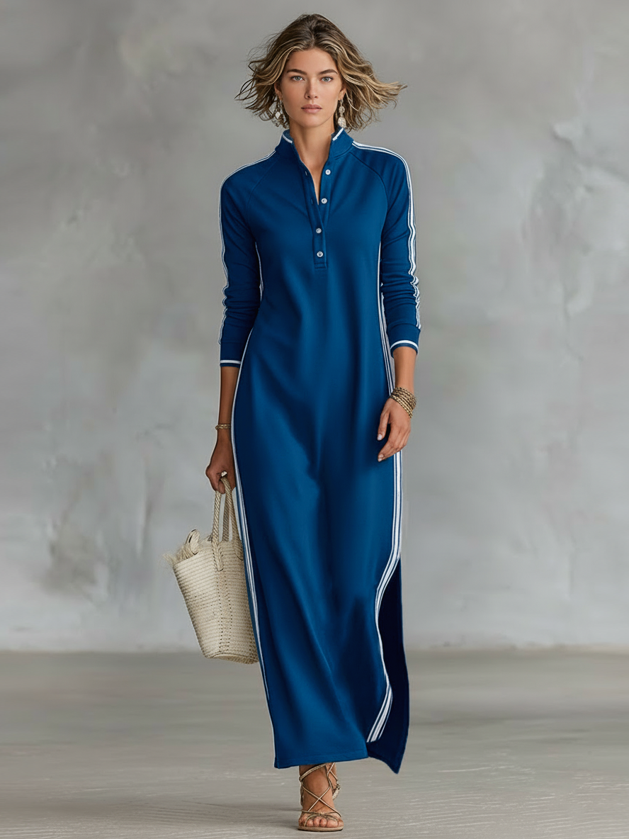 Women's Soft Sweatshirt Maxi Dress | Elegant White Trim Button-Down Collar Dress 4