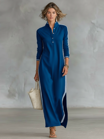 Women's Soft Sweatshirt Maxi Dress | Elegant White Trim Button-Down Collar Dress 4