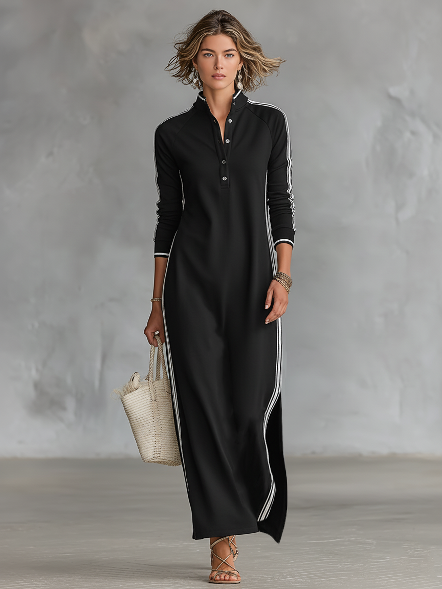 Women's Soft Sweatshirt Maxi Dress | Elegant White Trim Button-Down Collar Dress 7