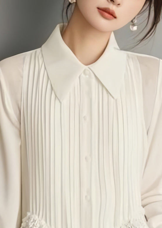Women's Solid Chiffon Blouse | Elegant Lace Button Spring Top 2