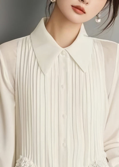 Women's Solid Chiffon Blouse | Elegant Lace Button Spring Top 2